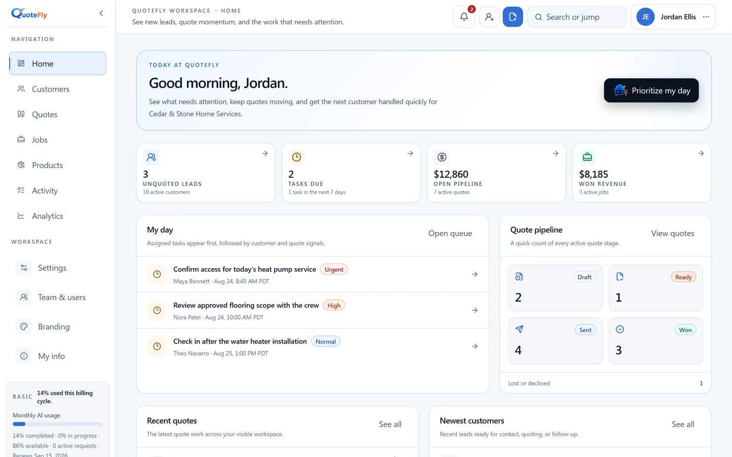 QuoteFly My Day workspace showing due tasks, quote pipeline, active jobs, and recent customer work.