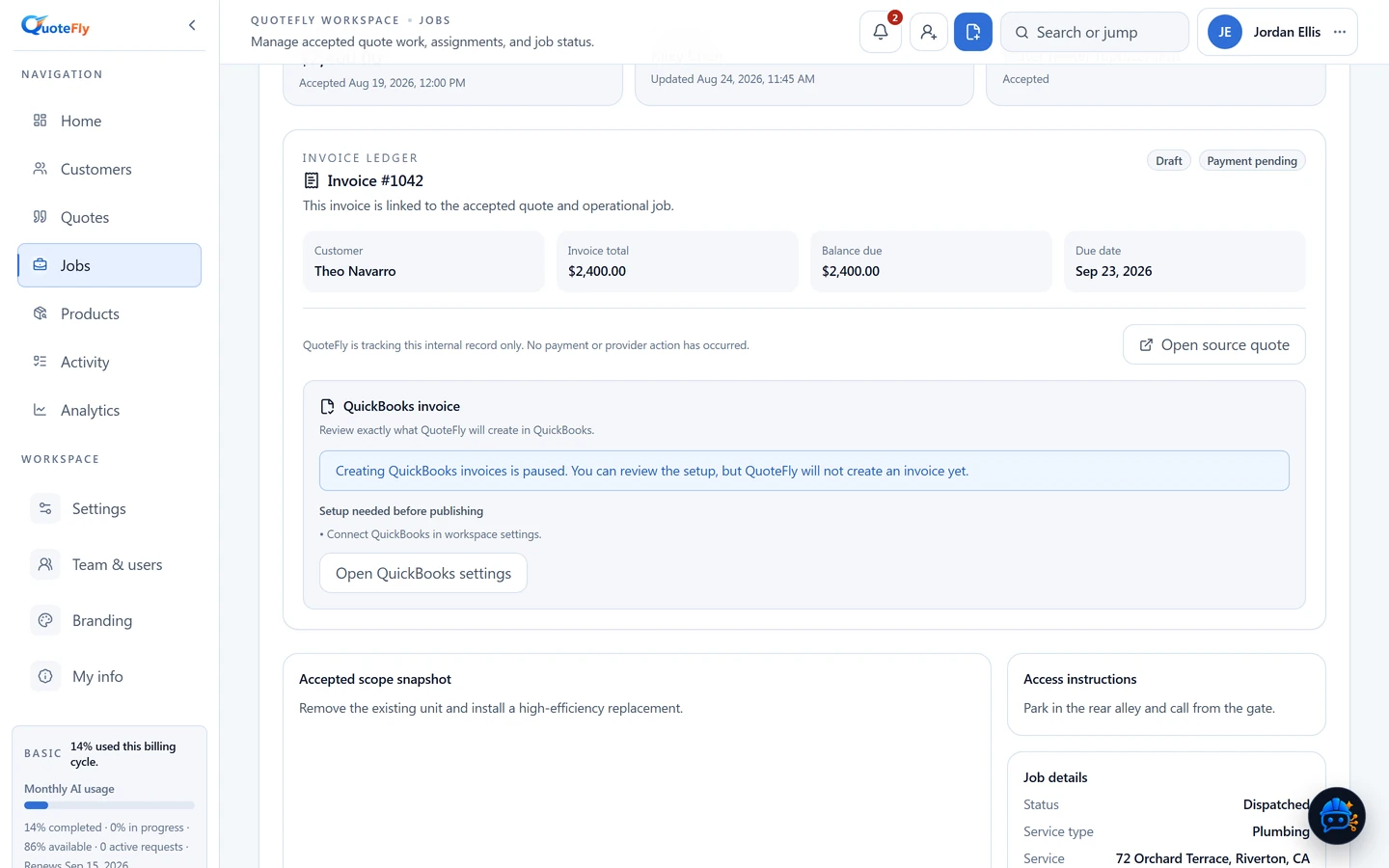 QuoteFly internal invoice record showing draft and payment-pending status, customer total, balance, and due date.