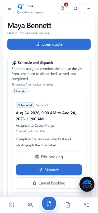QuoteFly mobile Job detail showing customer, schedule, and dispatch information