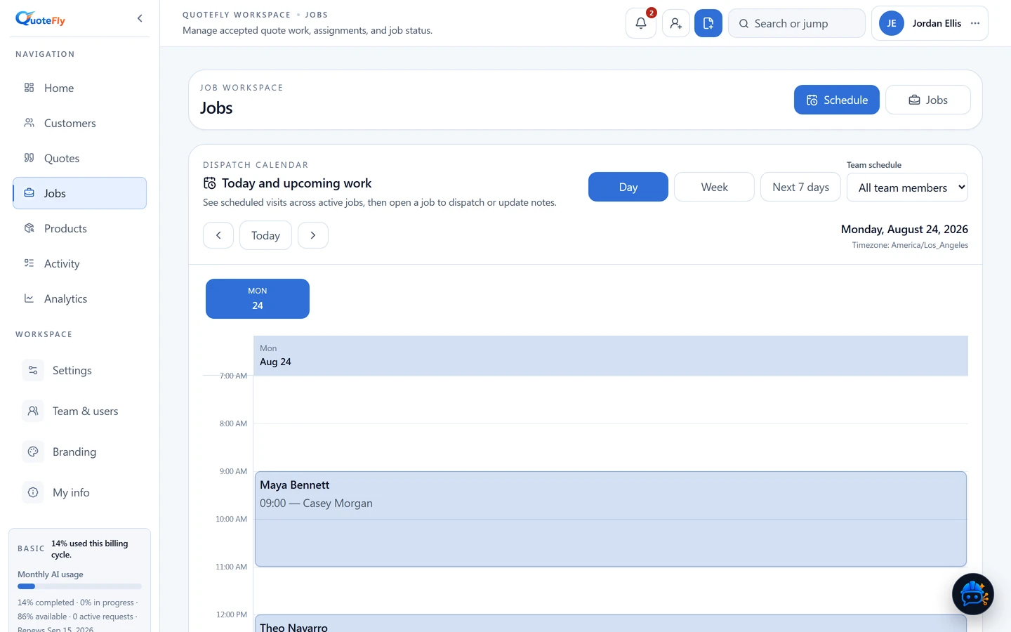QuoteFly day schedule showing booked field visits, assigned teammates, times, addresses, and dispatch status.