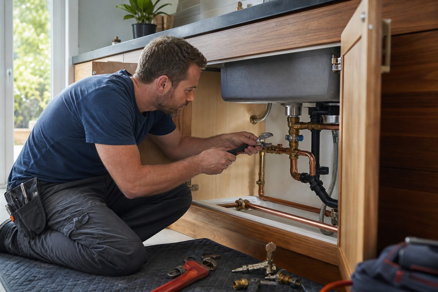 Plumber working on a service connection